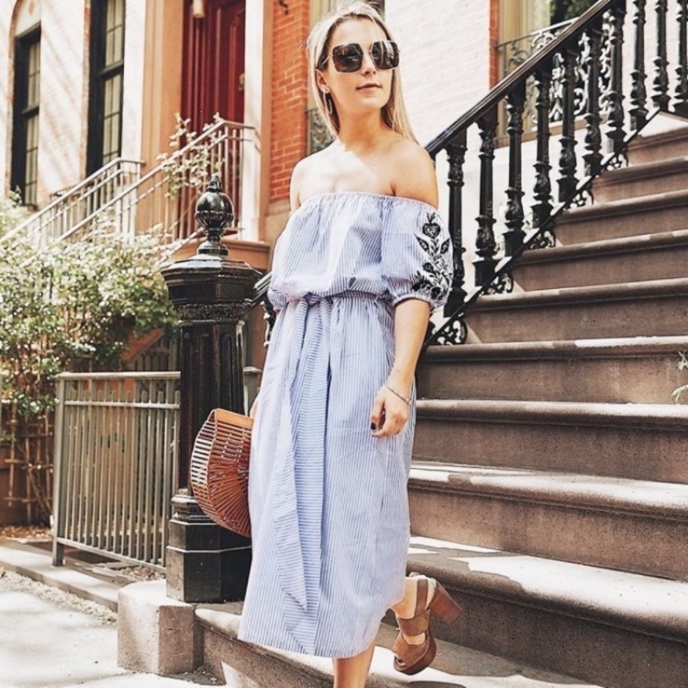Who What Wear Dress Embroidered Striped Large pockets tie waist off Shoulders - Picture 11 of 16